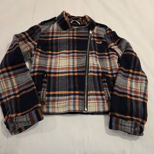 Hollister‎ Women's Blue Orange White Plaid Wool Blend Moto Jacket Size Large